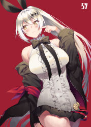 Rule 34 | 1girl, :3, armband, bare shoulders, black jacket, black neckwear, black skirt, blouse, blush, bow, breasts, buttons, character name, commentary, cowboy shot, five-seven (girls&#039; frontline), frilled shirt, frills, girls&#039; frontline, hair between eyes, hair ornament, hair ribbon, high ponytail, highres, huaji, jacket, kyo, large breasts, long hair, long sleeves, looking to the side, miniskirt, open clothes, open jacket, pin, pleated skirt, rabbit hair ornament, red background, ribbon, shirt, sidelocks, silver hair, simple background, skirt, sleeveless, sleeveless shirt, smile, solo, tareme, thighs, very long hair, yellow eyes, zipper pull tab