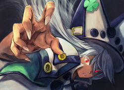 Rule 34 | 1girl, claw pose, clover, colored eyelashes, dark-skinned female, dark skin, eyebrows, female focus, four-leaf clover, guilty gear, guilty gear xrd, hair between eyes, hat, looking at viewer, open mouth, orange eyes, outstretched arm, popped collar, ramlethal valentine, sharp nails, shouma (bravespiritya), silver hair, slit pupils, solo