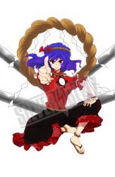 Rule 34 | 1girl, anklet, female focus, jewelry, lowres, outstretched arm, pointing, purple hair, rope, sandals, serious, shimenawa, short hair, sitting, solo, soumendaze, touhou, transparent background, watermark, yasaka kanako