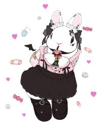 Rule 34 | 1girl, backpack, bag, beer can, black bow, black eyes, black footwear, black ribbon, black skirt, bow, can, candy, commentary, drink, drink can, drinking, drinking straw, drinking straw in mouth, ear bow, ear ornament, ear piercing, earrings, food, frilled shirt, frills, full body, hair ornament, heart, holding, holding can, holding drink, jewelry, lilac (p-f easy), long sleeves, looking at viewer, original, piercing, pill, pink shirt, rabbit, rabbit hair ornament, ribbon, shirt, shirt tucked in, shoes, simple background, skirt, solo, standing, white background, white fur