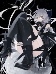 Rule 34 | 1girl, ahoge, arknights, bare shoulders, black background, black footwear, black thighhighs, boots, closed mouth, convenient leg, crocodilian tail, detached sleeves, flower, full body, gloves, goggles, goggles around neck, grey gloves, grey hair, highres, holding, holding staff, hood, hood up, hooded shirt, knees together feet apart, knees up, large tail, long hair, looking at viewer, nakatsuka123, partially fingerless gloves, pointy ears, simple background, solo, staff, tail, thick thighs, thighhighs, thighs, tomimi (arknights), torn clothes, torn thighhighs, white flower, yellow eyes