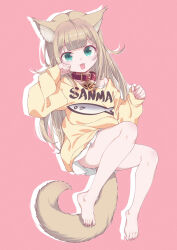 Rule 34 | 1girl, 40hara, :p, animal ears, aqua eyes, bare legs, barefoot, cat ears, cat girl, cat tail, extra ears, full body, highres, kinako (40hara), light brown hair, long hair, long sleeves, looking at viewer, no pants, original, pink background, shirt, simple background, sweater, tail, tongue, tongue out, white shirt, yellow sweater