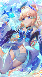 Rule 34 | 1girl, artist name, blonde hair, blue eyes, blue hair, bow-shaped hair, closed mouth, colored tips, commentary request, detached collar, feet out of frame, fish, frilled sleeves, frills, genshin impact, gloves, half gloves, highres, jellyfish, kiramarukou, long hair, long sleeves, multicolored hair, navel, sangonomiya kokomi, shirt, signature, smile, solo, thigh gap, thighhighs, underwater, very long hair, vision (genshin impact), white gloves, white shirt, white thighhighs, wide sleeves