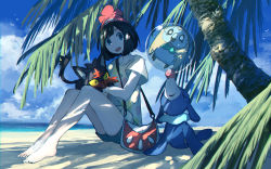 Rule 34 | 1girl, bag, bare legs, barefoot, beach, beanie, bird, blue eyes, blue sky, blunt bangs, cat, closed eyes, cloud, cloudy sky, collarbone, colored sclera, creature, creatures (company), day, floral print, game freak, gen 7 pokemon, green shorts, handbag, hat, highres, litten, looking to the side, nintendo, ocean, open mouth, outdoors, owl, palm tree, pippi (pixiv 1922055), pokemon, pokemon (creature), pokemon sm, popplio, red headwear, round teeth, rowlet, selene (pokemon), shirt, short hair, shorts, sitting, sky, smile, starter pokemon trio, teeth, tree, water, yellow sclera, yellow shirt