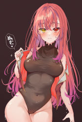Rule 34 | 1girl, bare shoulders, black background, black leotard, blush, breasts, eyebrows hidden by hair, female focus, heattech leotard, heterochromia, highres, hololive, houshou marine, leotard, long hair, looking at viewer, medium breasts, navel, red eyes, red hair, simple background, solo, taut clothes, taut leotard, thighs, turtleneck, uo illust, vest, vest lift, virtual youtuber, yellow eyes