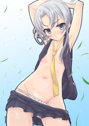 Rule 34 | 10s, 1girl, :&lt;, armpits, arms up, blue eyes, breasts, clothes pull, gloves, groin, kantai collection, looking at viewer, midriff, navel, necktie, nowaki (kancolle), open clothes, open shirt, panties, panty pull, sata (sat), shirt, silver hair, skirt, skirt pull, small breasts, solo, underwear, white panties, yellow necktie