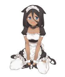 Rule 34 | 1girl, 2l (2lsize), :d, apron, black gloves, black hair, blue eyes, breasts, choker, dark skin, dark-skinned female, fang, frills, full body, gloves, hair between eyes, hair flaps, highres, looking at viewer, maid, maid headdress, mary janes, open mouth, original, shoes, short sleeves, simple background, sitting, small breasts, smile, solo, tareme, waist apron, wariza, white background, white legwear