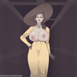 Rule 34 | 1girl, alcina dimitrescu, animated, animated gif, black hair, bouncing breasts, breasts, choker, claws, cleavage, commentary, curvy, dress, female focus, grin, hat, huge breasts, lipstick, long hair, looking at viewer, makeup, nipples, pale skin, resident evil, resident evil village, smile, solo, sun hat, supersatanson, walking, white choker, wide hips