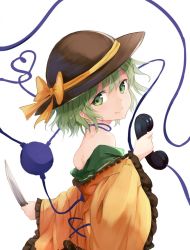 Rule 34 | 1girl, bare shoulders, green eyes, green hair, hat, hat ribbon, heart, heart of string, holding, holding phone, knife, komeiji koishi, long sleeves, looking at viewer, looking to the side, lumo 1121, matching hair/eyes, off shoulder, phone, ribbon, short hair, smile, solo, third eye, touhou, upper body, wide sleeves
