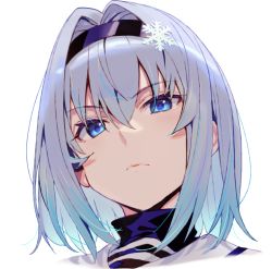 Rule 34 | 1girl, blue eyes, closed mouth, frown, hair between eyes, hair intakes, hair ornament, hairband, looking at viewer, portrait, ryuuou no oshigoto!, shirabi, simple background, snowflake hair ornament, solo, sora ginko, white background