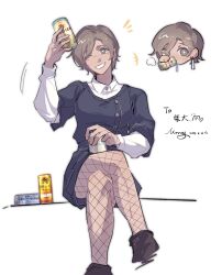 Rule 34 | 1girl, beer can, black dress, blush, brown eyes, brown hair, can, collared shirt, commentary, dated, dress, drink can, drinking, earrings, fishnet pantyhose, fishnets, girls band cry, grin, hashtag-only commentary, highres, holding, holding can, jewelry, layered sleeves, long sleeves, looking at viewer, mole, mole under eye, morayyyyyyyyyy, multiple views, one eye closed, pantyhose, rupa (girls band cry), shirt, short hair, short over long sleeves, short sleeves, signature, simple background, sitting, smile, white background, white shirt
