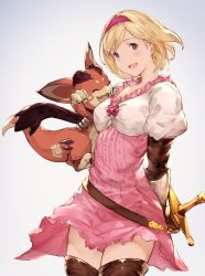 Rule 34 | 10s, 1girl, :d, absurdres, black eyes, black thighhighs, blonde hair, carrying, djeeta (granblue fantasy), fighter (granblue fantasy), granblue fantasy, hairband, highres, looking at viewer, open mouth, pink hairband, short hair, smile, sword, thighhighs, vyrn (granblue fantasy), weapon, yashigaras