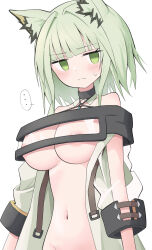 Rule 34 | ..., 1girl, absurdres, animal ears, areola slip, arknights, cat ears, cat girl, frown, green eyes, green hair, green jacket, groin, highres, jacket, jitome, kal&#039;tsit (arknights), looking at viewer, naked jacket, navel, open clothes, open jacket, out-of-frame censoring, short hair, simple background, solo, spoken ellipsis, white background, yuuko (oruta)