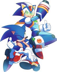 Rule 34 | 2boys, animal nose, arm cannon, back-to-back, commentary, crossover, drawloverlala, english commentary, full body, furry, furry male, fusion, gloves, helmet, highres, male focus, mega man (series), mega man x (series), multiple boys, red footwear, shoes, signature, sneakers, sonic (series), sonic the hedgehog, spikes, thumbs up, transparent background, visor, weapon, white gloves, x (mega man)