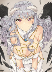 Rule 34 | 1girl, albedo (overlord), albedo (overlord) (cosplay), bare shoulders, black wings, blush, breasts, cleavage, clothing cutout, cosplay, demon horns, demon wings, dress, feathers, gloves, grey background, hair intakes, hara yumi, highres, hip vent, horns, idolmaster, idolmaster (classic), large breasts, leaning forward, long hair, looking at viewer, overlord (maruyama), purple eyes, shijou takane, side cutout, silver hair, smile, solo, tuxedo de cat, voice actor connection, white dress, white gloves, wings