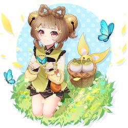 Rule 34 | 1girl, absurdres, basket, bell, blunt bangs, braid, brown eyes, brown hair, bug, butterfly, chinese clothes, commentary request, genshin impact, hahany, hair bell, hair ornament, highres, insect, long hair, long sleeves, looking at viewer, seiza, sidelocks, signature, sitting, smile, solo, yaoyao (genshin impact)