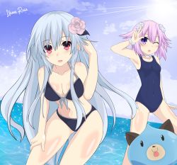 Rule 34 | 2girls, akane rose, arm up, armpits, beach, bikini, blush, breasts, cleavage, cowboy shot, d-pad, d-pad hair ornament, dogoo, dutch angle, fairy fencer f, flower, front-tie bikini top, front-tie top, hair flower, hair ornament, highres, leaning forward, long hair, looking at viewer, matching hair/eyes, multiple girls, neptune (neptunia), neptune (series), ocean, one-piece swimsuit, one eye closed, outdoors, pink eyes, pink hair, purple eye, purple eyes, purple hair, red eyes, smile, standing, swimsuit, thighs, tiara (fairy fencer f), water, white hair, wink