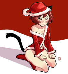 1girl animal_ears bad_tag blush boots breasts cat_ears cat_girl cat_tail christmas dalehan hat knee_boots kneeling looking_up loose_clothes loose_shirt nathy panties perky_breasts petite red_panties santa_costume santa_hat shirt short_hair tail thighs underwear