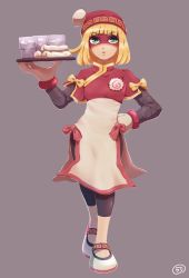 Rule 34 | 1girl, arms (game), beanie, bike shorts, blonde hair, china dress, chinese clothes, dress, facepaint, food, full body, green eyes, hat, lari lab, leggings, looking at viewer, mask, min min (arms), noodles, short hair, shorts, solo