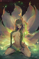 Rule 34 | 1girl, arms up, breasts, breasts apart, cutesexyrobutts, detached sleeves, fairy, flower, great fairy (zelda), green eyes, green hair, hair censor, hair over breasts, highres, kneeling, large breasts, long hair, long pointy ears, looking at viewer, navel, nintendo, parted lips, patreon logo, patreon username, pointy ears, sarong, solo, the legend of zelda, the legend of zelda: twilight princess, thighs, topless, very long hair, water, watermark, web address, wings