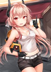 Rule 34 | 1girl, :d, absurdres, alternate costume, armpits, bad id, bad twitter id, banana (girls&#039; frontline), bare shoulders, belt, black gloves, black shorts, blurry, blurry background, blush, breasts, buckle, cleavage, collarbone, cowboy shot, day, fang, girls&#039; frontline, gloves, hair between eyes, headgear, highres, holding, index finger raised, long hair, looking at viewer, m4 sopmod ii (girls&#039; frontline), medium breasts, megaphone, midriff, mod3 (girls&#039; frontline), multicolored hair, open mouth, outdoors, pink hair, red eyes, red hair, shirt, shorts, sidelocks, smile, solo, streaked hair, tank top, thighs, white shirt, zerocat