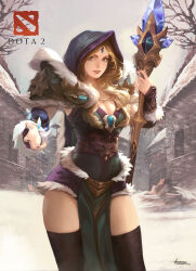 Rule 34 | 1girl, absurdres, arm guards, armor, black thighhighs, blonde hair, blue cape, blue dress, blue eyes, blue hood, breasts, cape, cleavage, coat, commentary, copyright name, cowboy shot, crystal maiden, dota (series), dota 2, dress, english commentary, forehead jewel, fur coat, fur dress, highres, holding, holding staff, large breasts, lips, logo, long hair, lonwa a, looking at viewer, medium breasts, nail polish, outdoors, pauldrons, pelvic curtain, purple nails, shoulder armor, signature, sky, snow, snowing, solo, staff, stone wall, thighhighs, wall, white sky