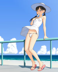 Rule 34 | 1girl, arm support, beach, black eyes, black hair, blue sky, bow, bow panties, cloud, commentary request, crotch seam, day, dress, eating, food, food in mouth, hair tie, halterneck, hat, holding, holding food, horizon, low twintails, maburu (lojyq1eur3e8bit), ocean, original, outdoors, panties, pantyshot, pink footwear, popsicle, railing, sandals, short dress, sky, solo, spaghetti strap, standing, string panties, sun hat, sundress, twintails, underwear, white dress, white hat, white panties, wind, wind lift