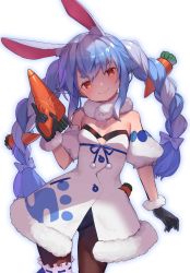 Rule 34 | 1girl, animal ear fluff, animal ears, bad id, bad twitter id, black gloves, black panties, black pantyhose, blue bow, blue hair, blue ribbon, blush, bow, braid, breasts, bright pupils, carrot hair ornament, closed mouth, cowboy shot, don-chan (usada pekora), dress, eyebrows hidden by hair, food-themed hair ornament, food themed weapon, fur trim, garter belt, gloves, gun, hair between eyes, hair bow, hair ornament, head tilt, highres, holding, holding gun, holding weapon, hololive, long hair, looking at viewer, multicolored hair, panties, panties under pantyhose, pantyhose, rabbit ears, rabbit girl, red eyes, ribbon, scarf, shindou kamichi, silver hair, simple background, small breasts, smile, solo, standing, thick eyebrows, twin braids, twintails, two-tone hair, underwear, usada pekora, usada pekora (1st costume), very long hair, virtual youtuber, wavy mouth, weapon, white background, white dress