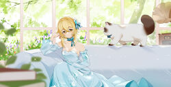 Rule 34 | 1girl, alternate costume, bare shoulders, blonde hair, blue bow, blue bowtie, blue choker, blue dress, blue sleeves, blurry, book, bow, bow choker, bowtie, cat, choker, closed mouth, collarbone, depth of field, detached sleeves, dress, elbow rest, floral print, flower, formal, genshin impact, hair between eyes, hair flower, hair ornament, hair ribbon, hand up, highres, indoors, leaf, light smile, long dress, long sleeves, looking at animal, looking to the side, lumine (genshin impact), phonograph, puffy long sleeves, puffy sleeves, ribbon, short hair, sitting, sleeveless, sleeveless dress, solo, sparkle, strapless, strapless dress, striped ribbon, two-tone choker, white choker, white flower, window, yaner 10, yellow eyes