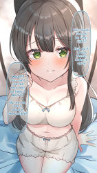 Rule 34 | 1girl, absurdres, bed, black bow, black hair, bloomers, blush, bow, bow bloomers, breasts, closed mouth, collarbone, english text, female pov, green eyes, groin, hair bow, half updo, hard-translated, highres, indoors, light, long hair, navel, pov, shiitake taishi, sidelocks, tatsumi kon, tears, thighs, third-party edit, underwear, underwear only, undressing, urara meirochou, white bloomers, wide sleeves, yuri
