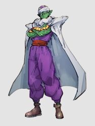 Rule 34 | 1boy, brown footwear, cape, colored skin, crossed arms, dougi, dragon ball, dragonball z, full body, green skin, kemachiku, looking at viewer, male focus, piccolo, pointy ears, red sash, sash, simple background, solo, standing, turban, white cape