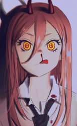 Rule 34 | 1girl, black necktie, blood, blood on clothes, blood on face, chainsaw man, collared shirt, cross-shaped pupils, crosshair pupils, demon girl, demon horns, hair between eyes, horns, long hair, necktie, oto1 030, pink hair, portrait, power (chainsaw man), red horns, shirt, solo, symbol-shaped pupils, tongue, tongue out, upper body, white shirt, yellow eyes