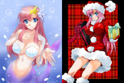 Rule 34 | 00s, 1girl, alternate costume, blue eyes, bracelet, breasts, coral, curvy, dual persona, food, framed, fruit, fur trim, gift, gloves, gundam, gundam seed, gundam seed destiny, hair ornament, hat, holding, holding gift, impossible clothes, jewelry, large breasts, long hair, meer campbell, mermaid, monster girl, narrow waist, navel, open mouth, outside border, outstretched arm, pink hair, plaid, plaid background, santa costume, santa hat, seashell, shell, shell bikini, smile, star (symbol), star hair ornament, tooru jin, underwater, unmoving pattern, wide hips