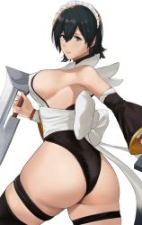 Rule 34 | 1girl, ass, bare shoulders, black hair, blush, breasts, butterfly swords, curvy, dual wielding, from behind, green eyes, headdress, highleg, highleg leotard, holding, holding weapon, huge ass, iroha (samurai spirits), j@ck, large breasts, leotard, leotard under clothes, looking at viewer, looking back, maid, maid leotard, parted lips, samurai spirits, shiny skin, short hair, sideboob, simple background, smile, snk, solo, thigh strap, thighhighs, thighs, thong leotard, unconventional maid, weapon, white background, wide hips