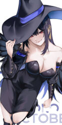 1girl asymmetrical_horns bare_shoulders black_hair blue_hair blush breasts colored_inner_hair demon_horns halloween halloween_costume hat highres hololive hololive_english horns kureo large_breasts large_hat long_hair mole mole_under_eye multicolored_hair nerissa_ravencroft red_eyes smile two-tone_hair uneven_horns very_long_hair virtual_youtuber witch witch_hat