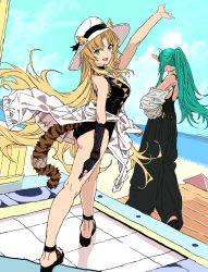 Rule 34 | 2girls, :d, animal ears, aqua hair, arknights, arm up, ass, bare legs, bare shoulders, beach, black footwear, black gloves, black pants, black one-piece swimsuit, blonde hair, blue sky, breasts, camisole, casual one-piece swimsuit, clothes around waist, clothing cutout, day, ears through headwear, from behind, full body, gloves, green eyes, hat, highres, holding, horns, hoshiguma (arknights), jewelry, large breasts, long hair, looking at viewer, looking back, multiple girls, necklace, nobita (makoto7060355), ocean, official alternate costume, one-piece swimsuit, open mouth, outdoors, pants, ponytail, sandals, shading eyes, single glove, single horn, sky, smile, sun hat, swimsuit, swire (arknights), tail, tail ornament, tail ring, tail through clothes, tiger ears, tiger girl, tiger tail, very long hair, walking, white headwear