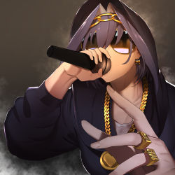 Rule 34 | 1girl, bow, bow earrings, chain, chain headband, earrings, hair intakes, head chain, holding, holding microphone, hololive, hololive english, hood, hoodie, jewelry, microphone, ouro kronii, pendant, purple-tinted eyewear, purple-tinted glasses, rapping, ring, ro g (oowack), sunglasses, tinted eyewear, virtual youtuber