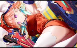 Rule 34 | 1girl, arm up, armpits, ass, belt, black belt, blonde hair, blue hair, couch, detached sleeves, fenrir (fenlil0316), gradient hair, hat, highres, hololive, hololive english, letterboxed, long hair, long sleeves, looking at viewer, loose belt, lying, miniskirt, multicolored hair, nail polish, on side, orange hair, pink hair, purple eyes, red hat, red shirt, red skirt, shield, shirt, skirt, smile, solo, sword, takanashi kiara, takanashi kiara (1st costume), thighhighs, virtual youtuber, weapon, white thighhighs