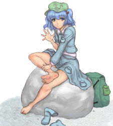 Rule 34 | 1girl, arm up, backpack, bag, bare legs, barefoot, blue eyes, blue footwear, blue hair, blush, boots, unworn boots, boulder, feet, female focus, grin, hair bobbles, hair ornament, hat, highres, kawashiro nitori, kuro suto sukii, crossed legs, matching hair/eyes, randoseru, rubber boots, shoes, unworn shoes, short hair, sitting, skirt, smile, soles, solo, toes, touhou, twintails, two side up, waving