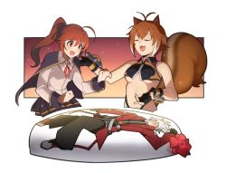 Rule 34 | animal ears, birthday, blazblue, blush, body pillow, breasts, brown hair, cape, celica a. mercury, commission, gift, gloves, hair ornament, highres, makoto nanaya, open mouth, pillow, ponytail, presenting, ragna the bloodedge, ribbon, short hair, skirt, sleepy frippy, squirrel ears, squirrel girl, squirrel tail, tail, underboob