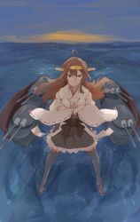 Rule 34 | &gt;:), 10s, 1girl, ahoge, bad id, bad twitter id, boots, brown hair, cannon, crossed arms, detached sleeves, headgear, highres, kantai collection, kongou (kancolle), long hair, nontraditional miko, ribbon-trimmed sleeves, ribbon trim, rigging, solo, standing, standing on liquid, thigh boots, thighhighs, turret, v-shaped eyebrows, wide sleeves, yamaioni (sasakama)