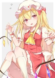 Rule 34 | 1girl, absurdres, alternate hair length, alternate hairstyle, arms up, ascot, bloomers, blush, commentary, feet out of frame, fingernails, flandre scarlet, flying sweatdrops, grey background, hair between eyes, hair ribbon, hand in own hair, hat, head tilt, highres, iyo (ya na kanji), kneehighs, knees together feet apart, long hair, looking at viewer, mob cap, one side up, open mouth, petticoat, puffy short sleeves, puffy sleeves, red eyes, red skirt, red vest, ribbon, shirt, short sleeves, simple background, sitting, skirt, skirt set, slit pupils, socks, solo, touhou, underwear, very long hair, vest, white hat, white shirt, white socks, wings, wrist cuffs, yellow ascot