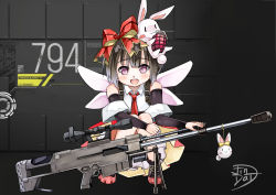 Rule 34 | anti-materiel rifle, black hair, blush, detached sleeves, explosive, girls&#039; frontline, grenade, gun, hair ribbon, highres, jindai3663, loading screen, looking at viewer, m99 (girls&#039; frontline), open mouth, ribbon, rifle, sniper rifle, solo, two-sided fabric, two-sided skirt, weapon, zijiang m99