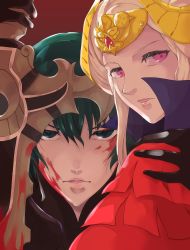 Rule 34 | 1boy, 1girl, absurdres, arikao , armor, black gloves, blood, blood on face, blue eyes, byleth (fire emblem), byleth (male) (fire emblem), cape, edelgard von hresvelg, fire emblem, fire emblem: three houses, gloves, green hair, hair ornament, headpiece, highres, holding, holding sword, holding weapon, horns, long hair, long sleeves, looking at viewer, looking back, nintendo, red background, short hair, simple background, sword, sword of the creator, upper body, weapon, white hair