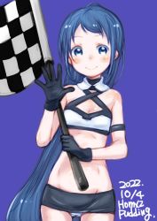 Rule 34 | 1girl, bandeau, black gloves, blue eyes, blue hair, blush, checkered flag, closed mouth, cowboy shot, dated, flag, gloves, groin, highres, holding, holding flag, kantai collection, long hair, navel, one-hour drawing challenge, puddinghomhom, purple background, samidare (kancolle), signature, simple background, smile, solo, white bandeau