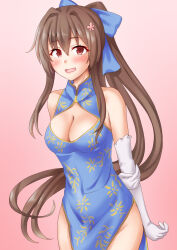 Rule 34 | 1girl, anti (untea9), blue dress, blue ribbon, breasts, brown eyes, brown hair, china dress, chinese clothes, cowboy shot, dress, elbow gloves, gloves, highres, kantai collection, large breasts, open mouth, pelvic curtain, print dress, ribbon, side slit, sleeveless, smile, solo, yamato (kancolle)
