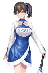 Rule 34 | 1girl, alternate costume, blue dress, breasts, brown eyes, brown hair, closed mouth, cowboy shot, dress, epson, hair ribbon, highres, kaga (kancolle), kantai collection, large breasts, long hair, long sleeves, race queen, ribbon, rokuwata tomoe, side ponytail, simple background, white background
