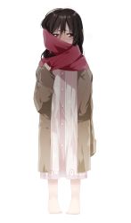Rule 34 | 1girl, aged down, bad id, bad pixiv id, barefoot, black hair, child, coat, covered mouth, full body, hair between eyes, kurobara, long hair, mikasa ackerman, oversized object, pocket, scarf, scarf over mouth, shingeki no kyojin, simple background, standing, tears, white background
