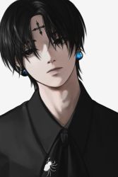 Rule 34 | 1boy, absurdres, alternate facial mark, animal print, ascot, black ascot, black hair, black shirt, brown eyes, chrollo lucilfer, closed mouth, collared shirt, earrings, facial tattoo, frown, hair over eyes, head tilt, highres, hunter x hunter, jewelry, likeu 99, long sleeves, looking at viewer, looking away, male focus, parted bangs, portrait, shirt, short hair, sideways glance, simple background, solo, spider print, tattoo, white background