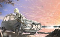 Rule 34 | 1girl, ag42, blonde hair, boots, car, commentary request, cup, gun, harness, holding, holding cup, holding weapon, jettoburikku, lake, leaning on object, looking back, motor vehicle, original, pants, rifle, saab, saab 95, saab lansen, short hair, sky, sports utility vehicle, standing, standing on one leg, sunset, sweater, swedish text, turtleneck, turtleneck sweater, vehicle focus, weapon, white sweater